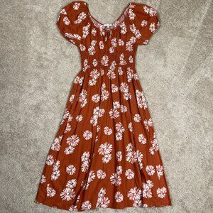 Madewell Dress Womens M Orange Sophia Floral Linen-Blend Midi Prairie Milkmaid